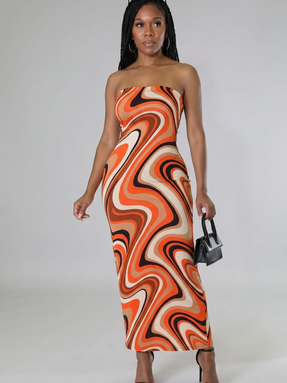 Strapless Orange Swirl Bodycon Maxi Dress